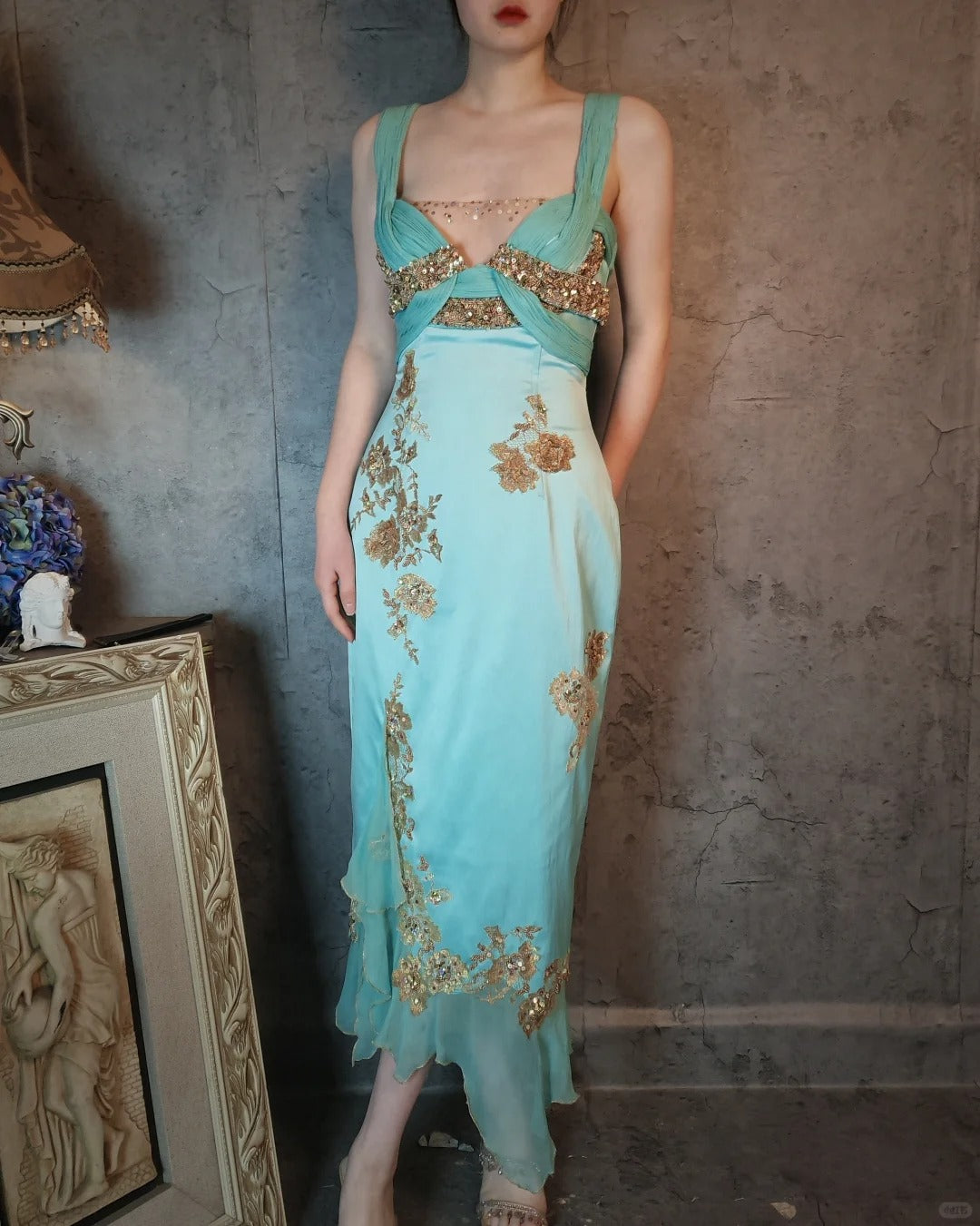 Mint blue vintage beaded lace embroidery beautiful macarons gold embroidered flowers romantic ball gown evening dress party dress gh4803