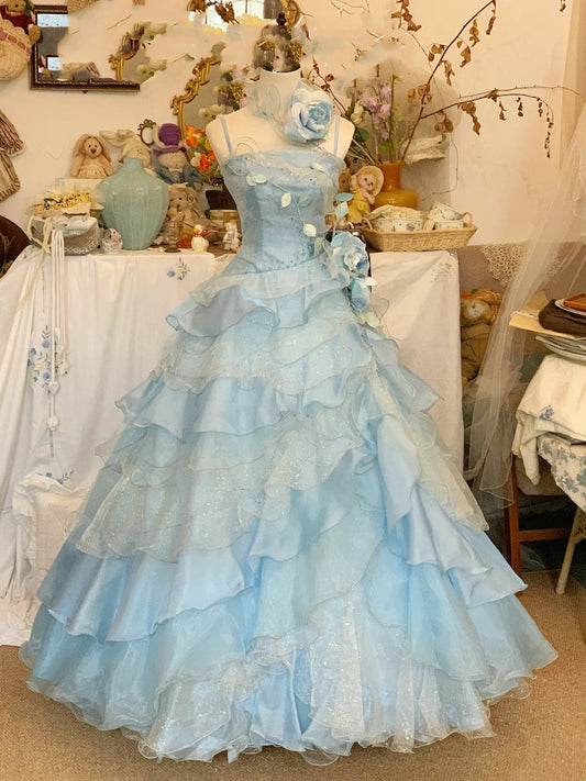 Blue floral long tulle ball gown evening dress gh4573