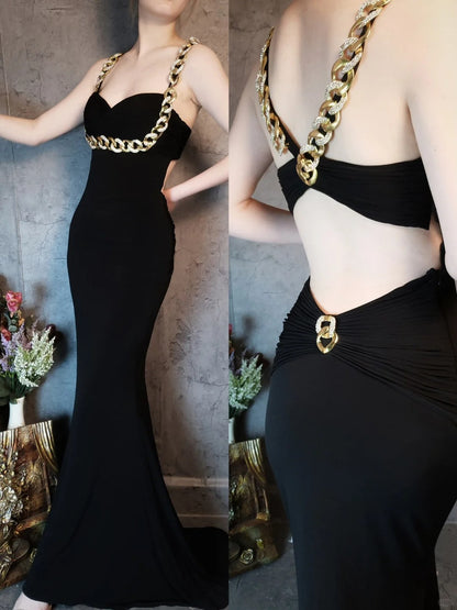 Vintage black gold chain backless mermaid ball gown sexy elegant evening dress party dress gh4802
