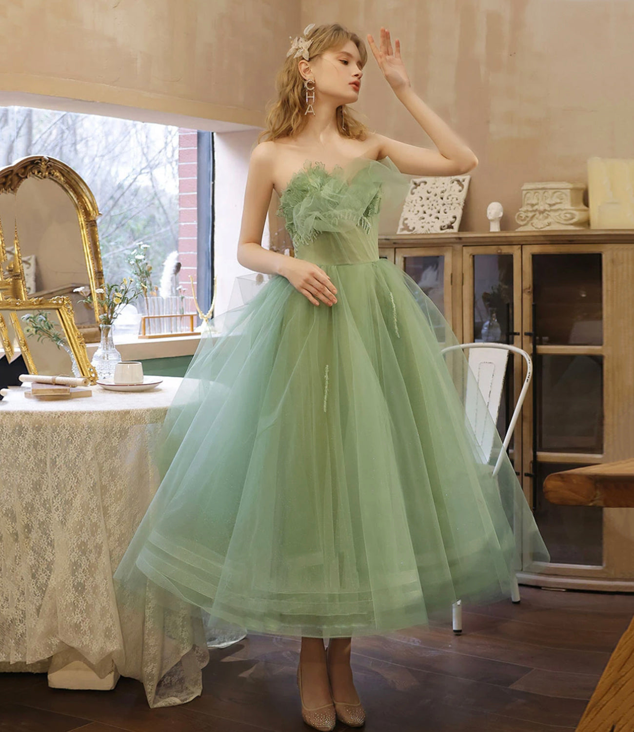 Green tulle short prom dress green evening dress  8633