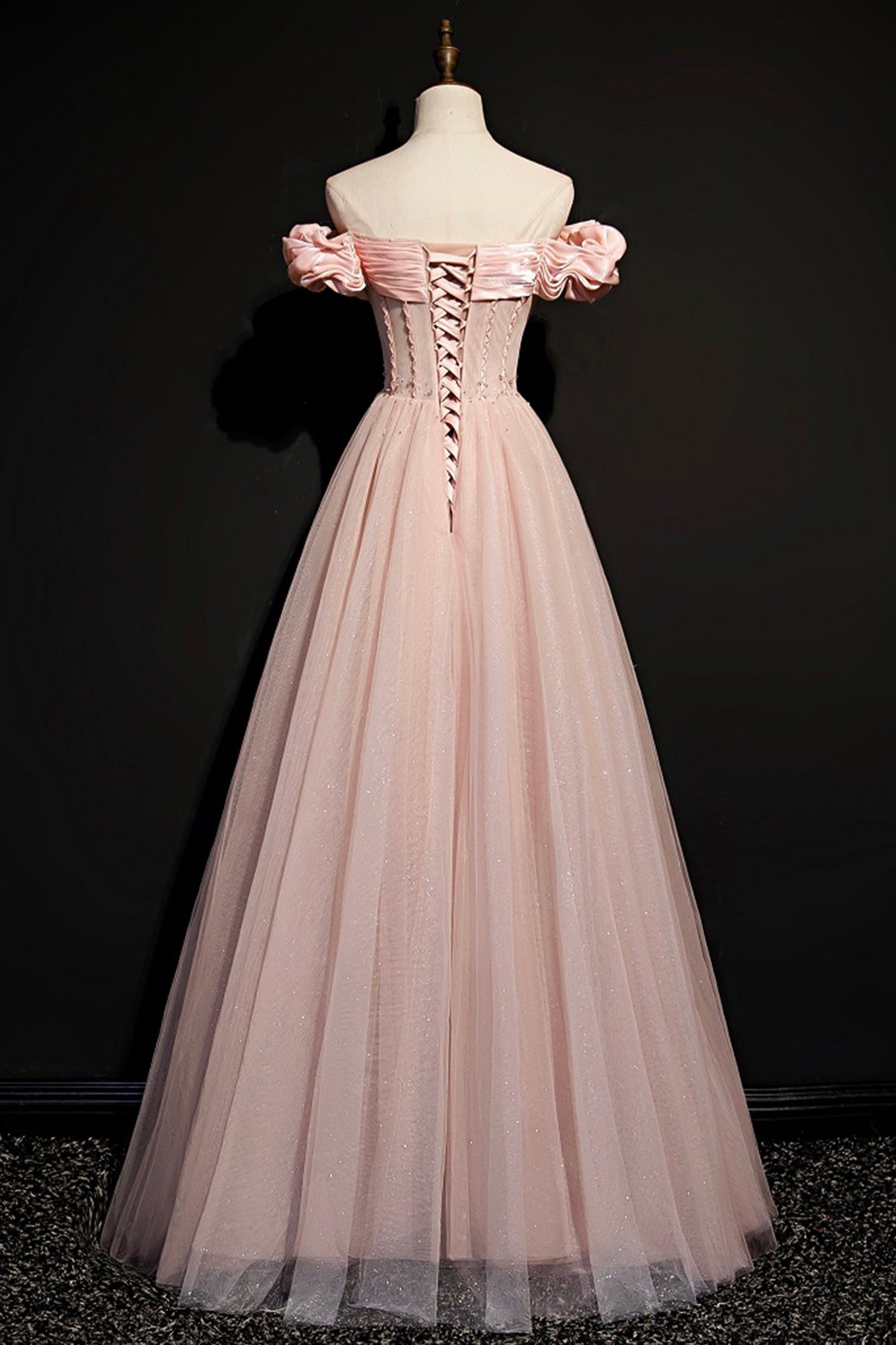 Pink tulle long A line prom dress pink evening dress  8693