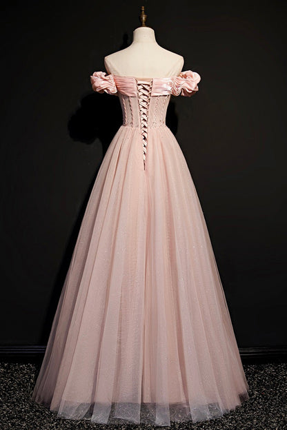 Pink tulle long A line prom dress pink evening dress  8693