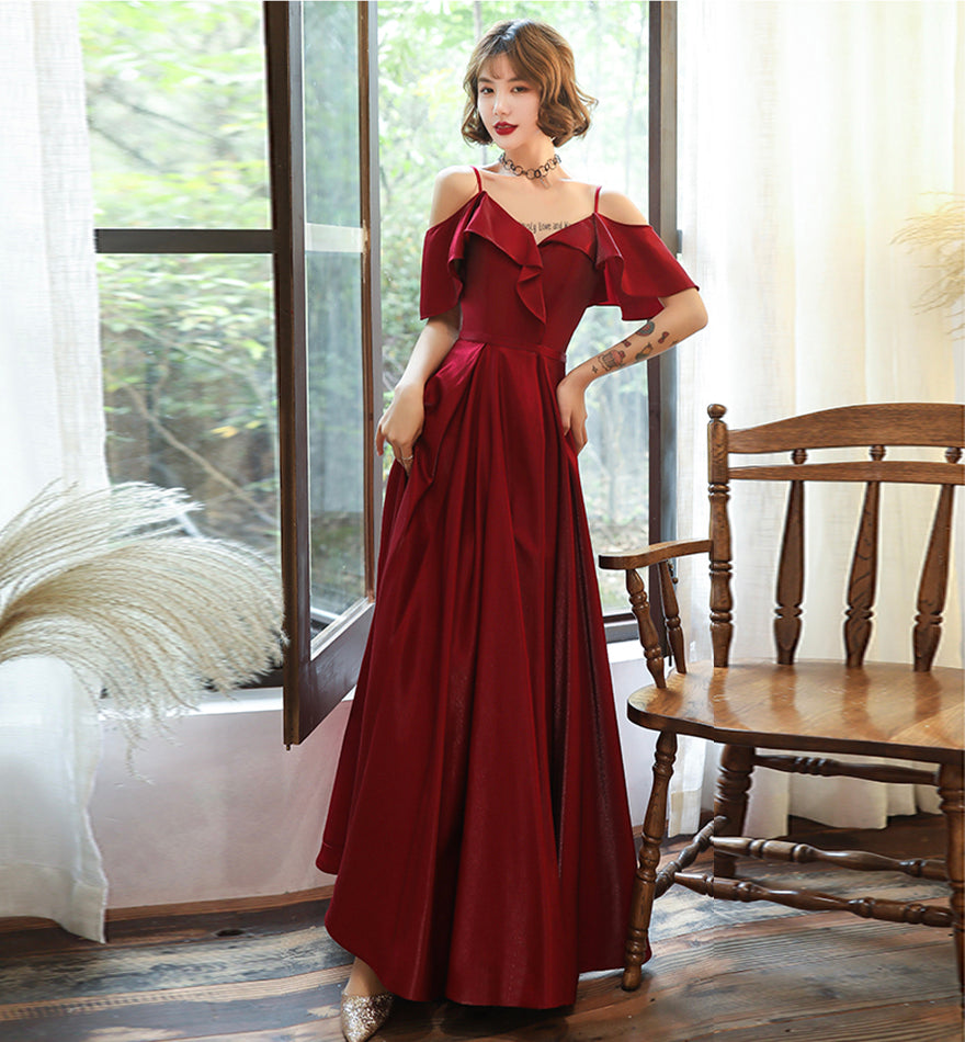 Burgundy satin prom dress simple evening dress  8379
