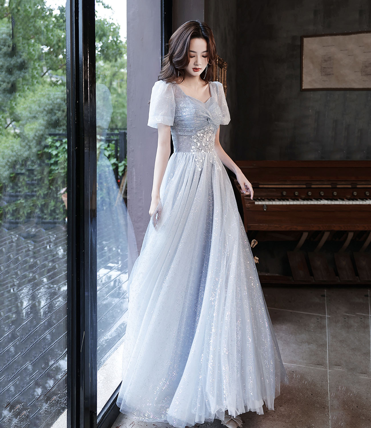 Cute tulle beads long prom dress blue evening dress  10596