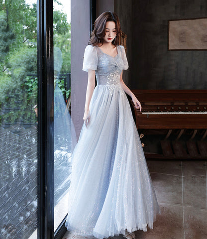 Cute tulle beads long prom dress blue evening dress  10596