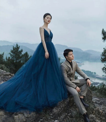 Blue tulle long prom dress A line evening gown  10424