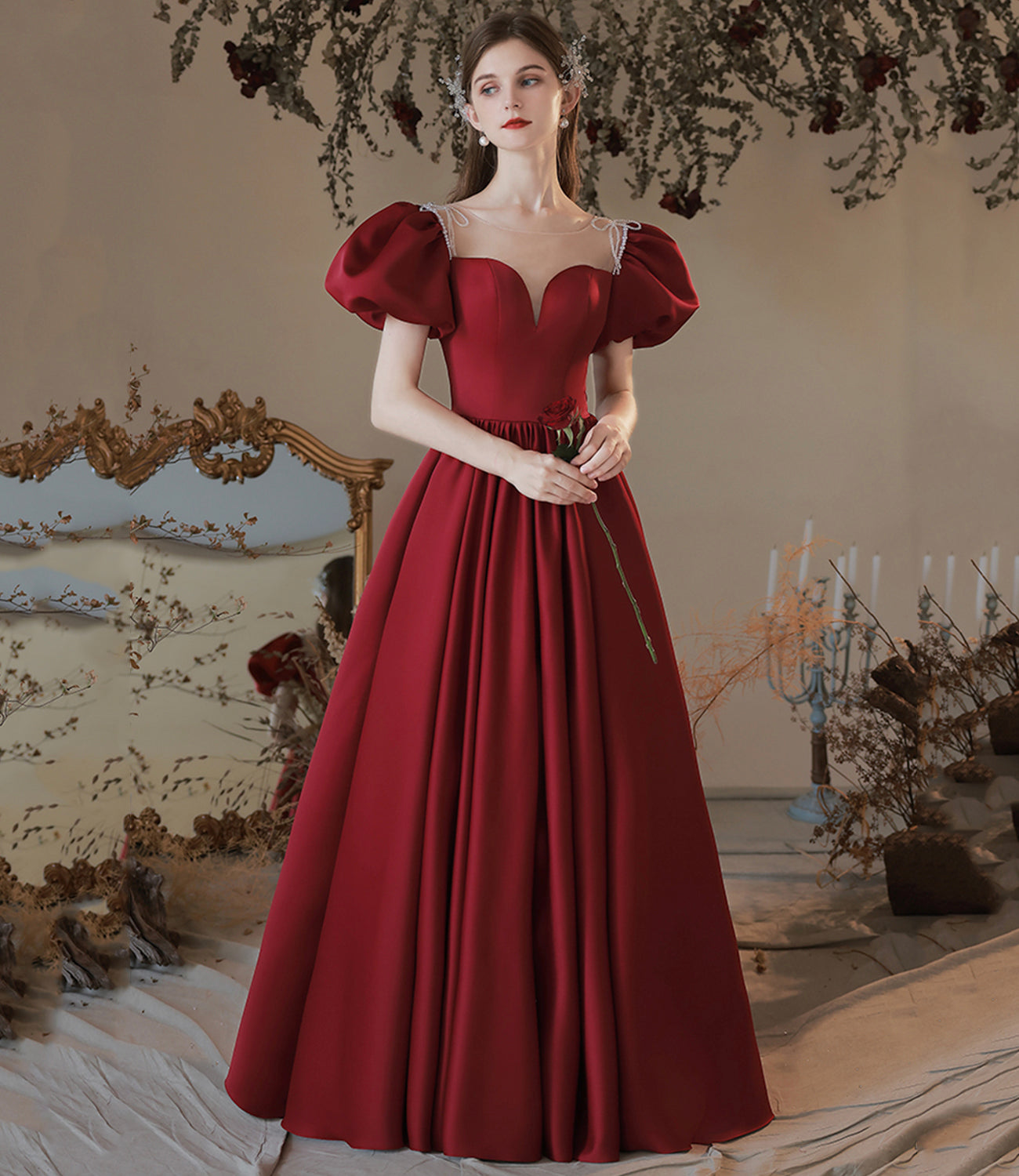 Burgundy satin long prom dress A line evening dress  10373