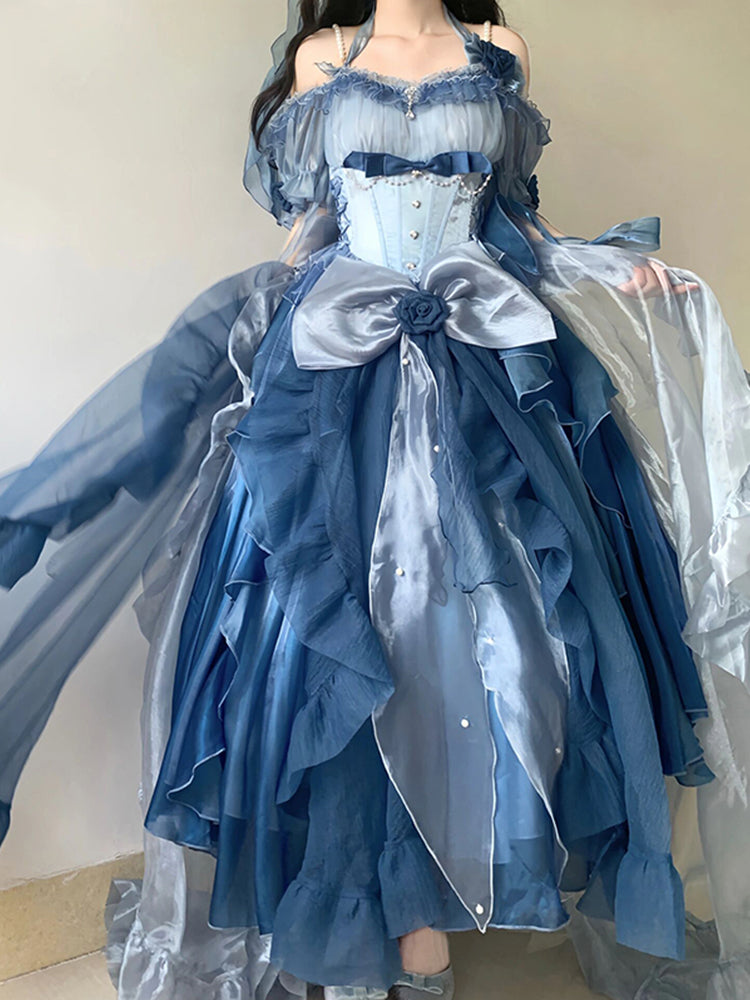 Vintage Ball Gown Off The Shoulder Short Sleeves Blue 16th Chiffon Birthday Dress Lolita Dress 18th Birthday Outfits W1132