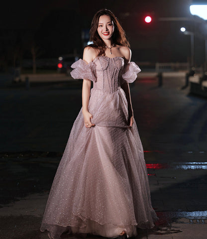 Pink tulle long prom dress pink evening dress  10218