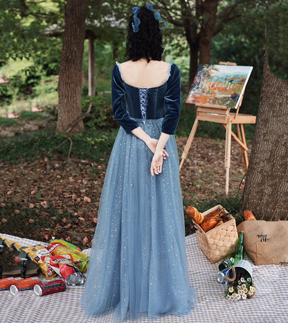 Blue velvet tulle long prom dress blue evening dress  8533