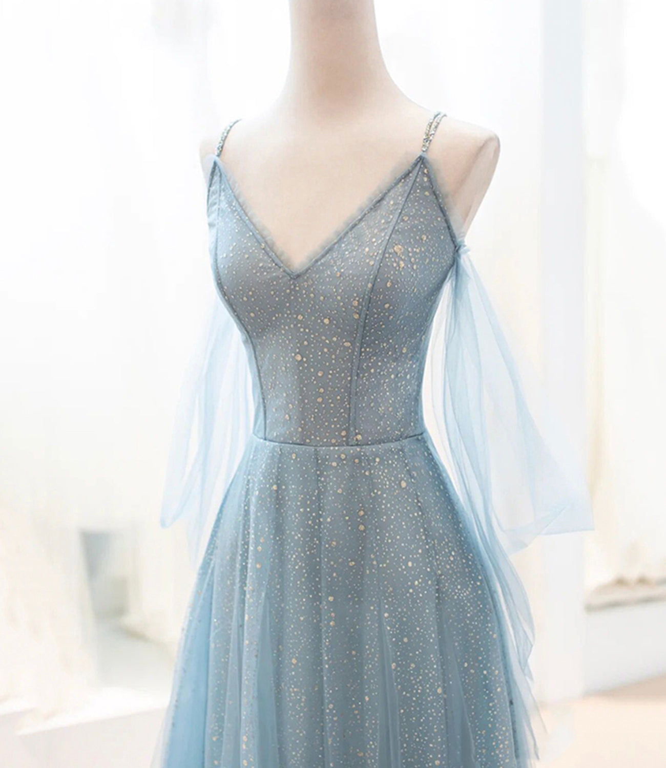 Blue tulle long A line prom dress blue evening dress  8764