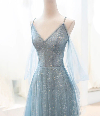 Blue tulle long A line prom dress blue evening dress  8764