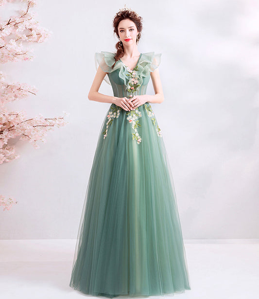 Green tulle long A line prom dress evening dress  8709