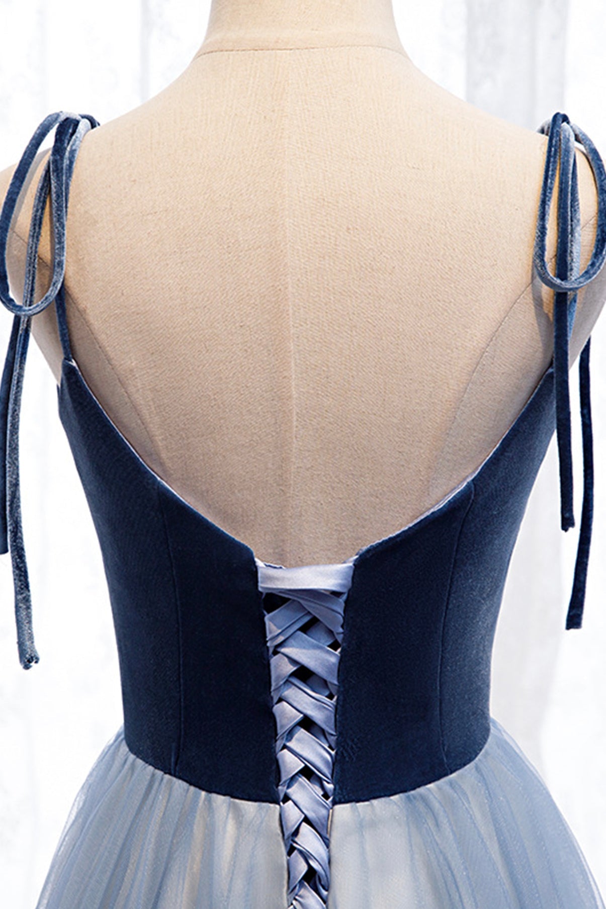 Blue velvet tulle long prom dress blue evening dress  8637