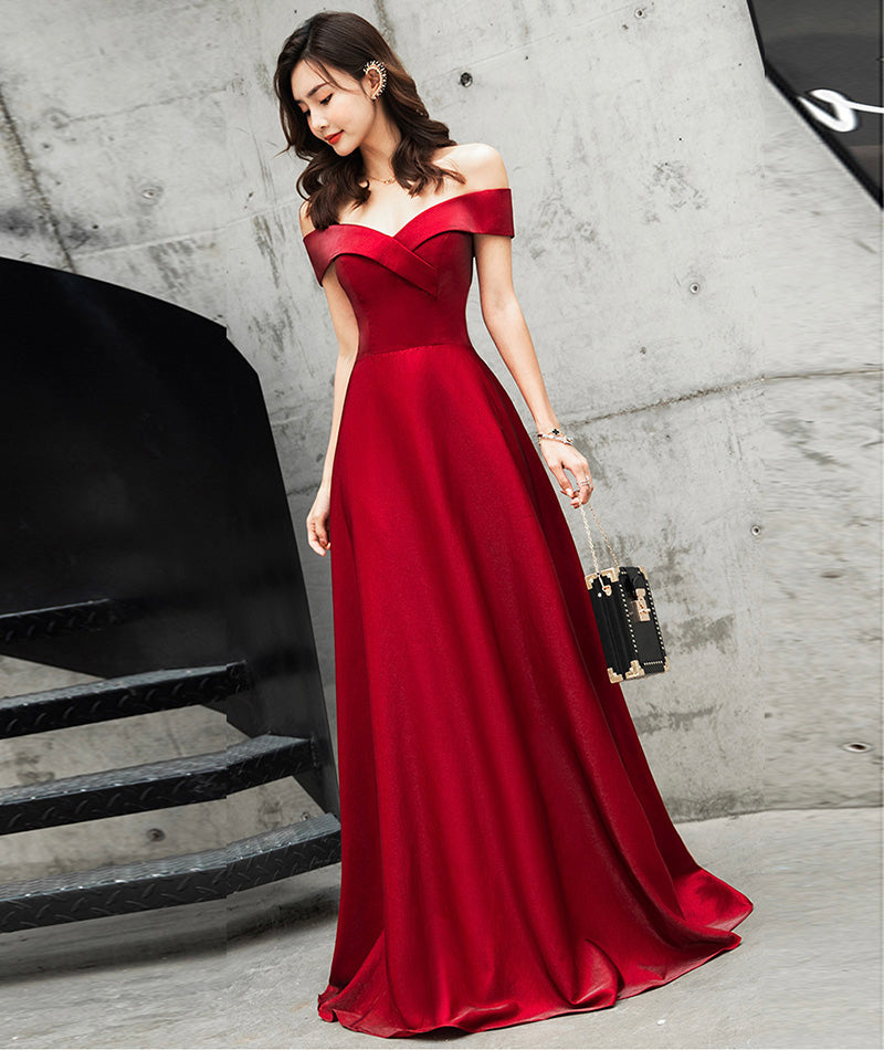 Burgundy satin long prom dress cute evening dress  8468