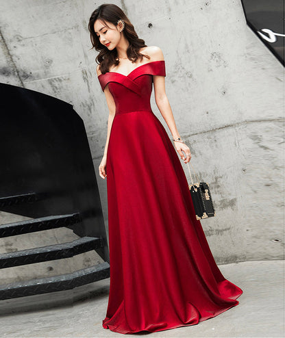 Burgundy satin long prom dress cute evening dress  8468