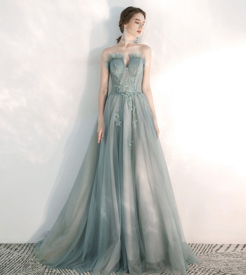 Stylish tulle lace long prom dress green evening dress  8547