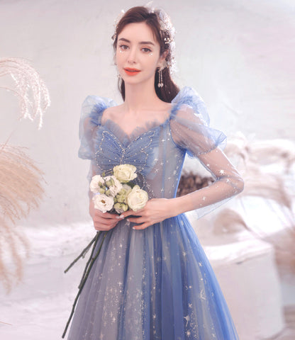 Blue tulle long A line prom dress blue evening dress  10530