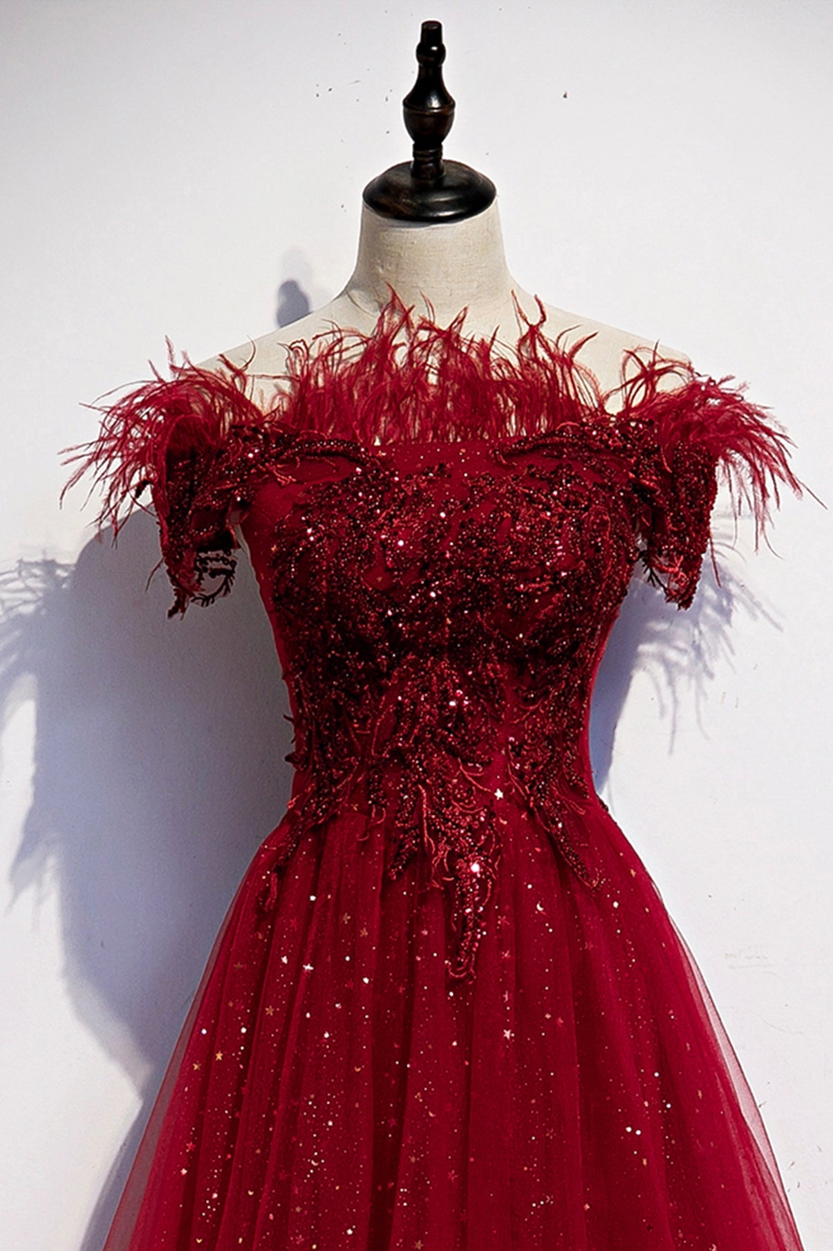 Burgundy tulle sequins long A line prom dress evening dress  8710