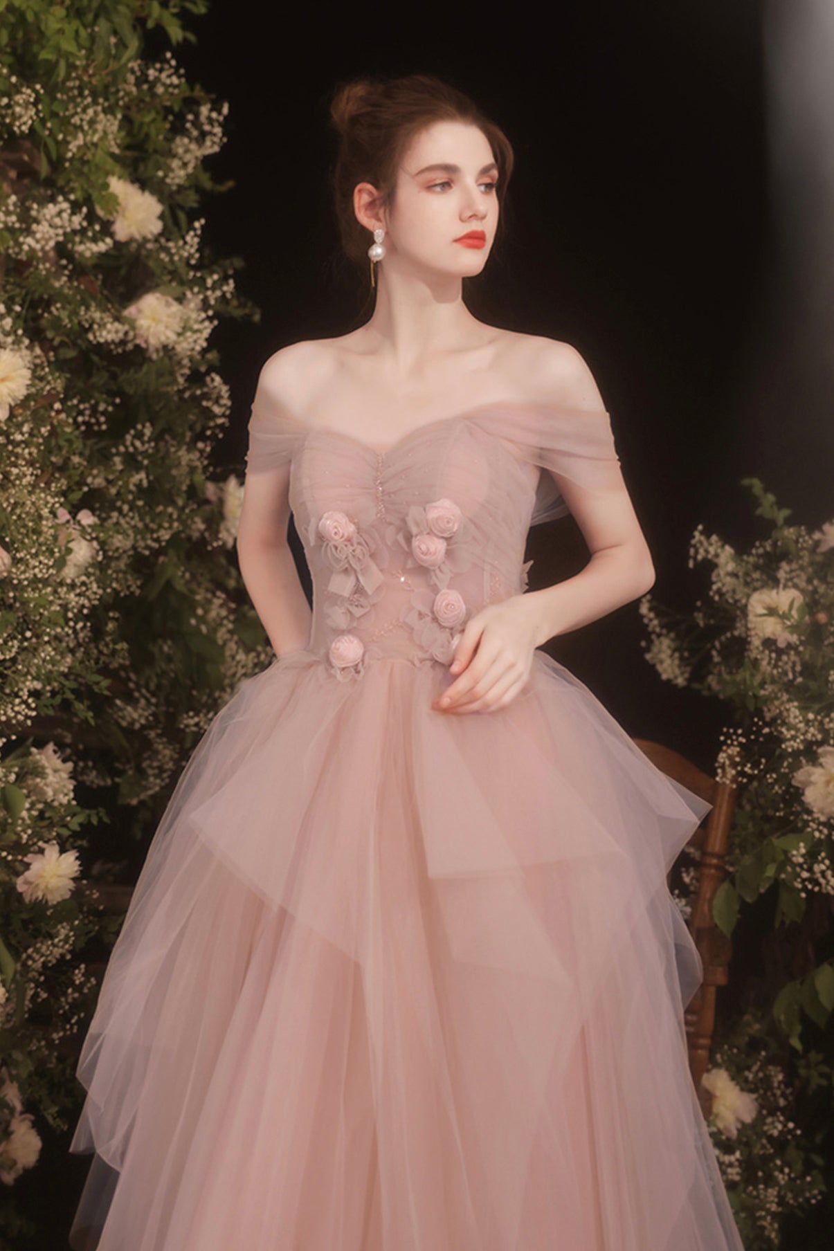 Pink tulle long A line prom dress pink evening dress  8732