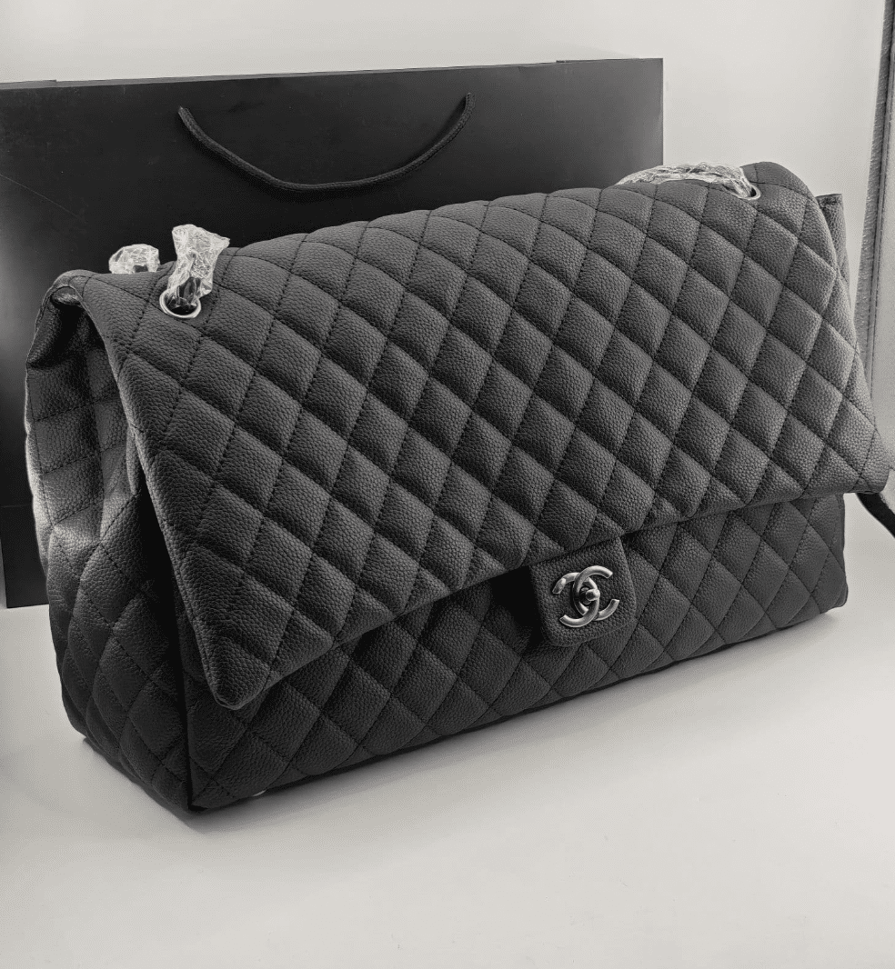 CHANEL XXL AIRLINE CLASSIC TRAVEL FLAP BAG CAVIAR LEATHER BLACK SILVER HARDWARE 46CM
