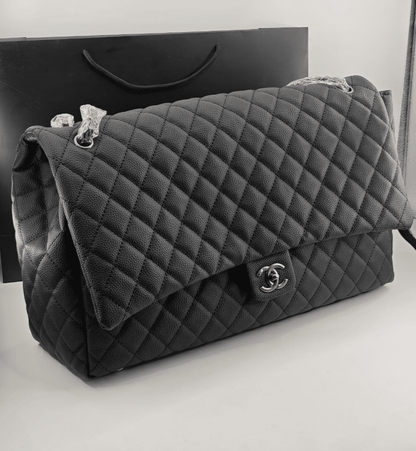 CHANEL XXL AIRLINE CLASSIC TRAVEL FLAP BAG CAVIAR LEATHER BLACK SILVER HARDWARE 46CM