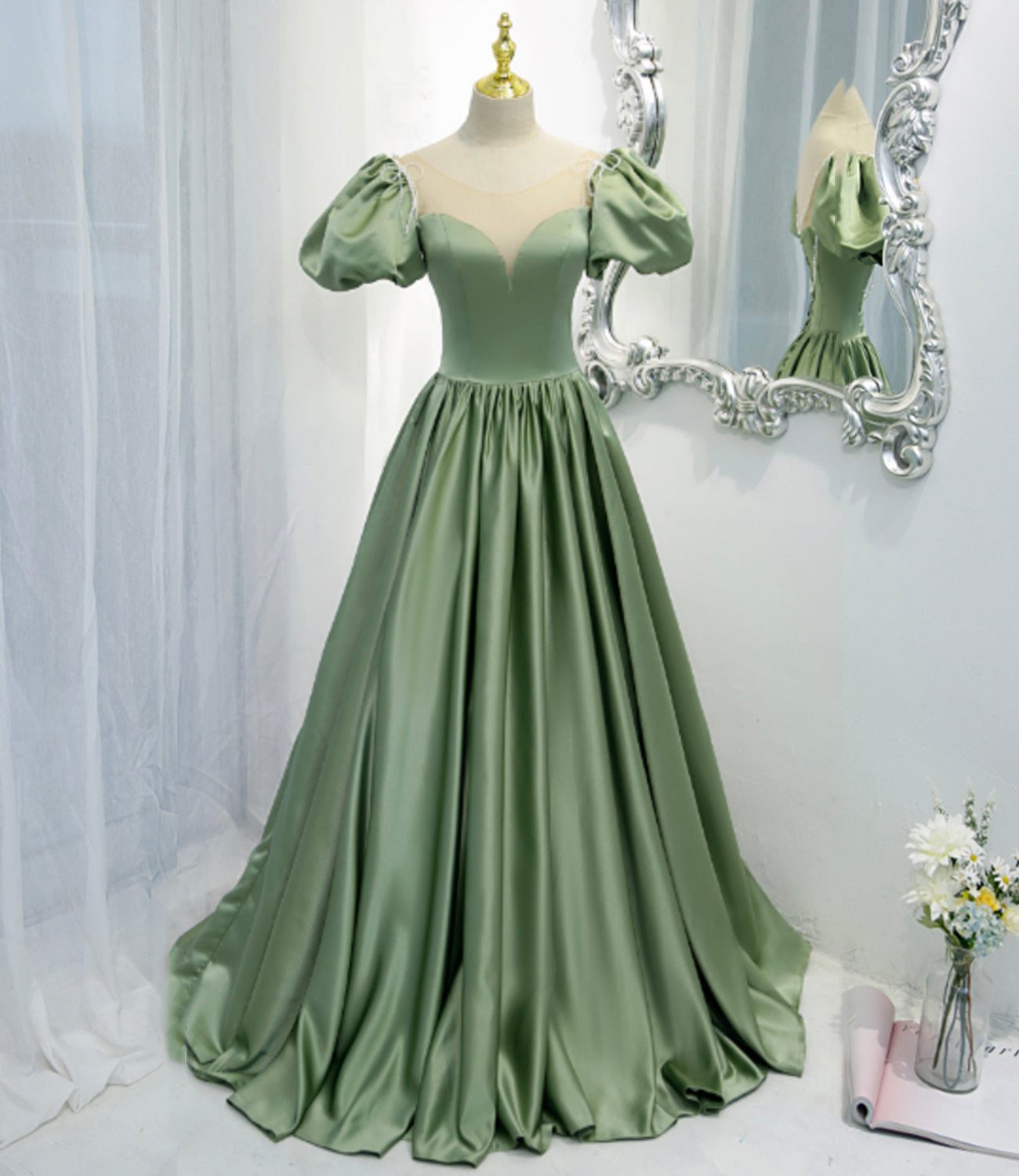 Green satin long A line prom dress green evening dress  8810