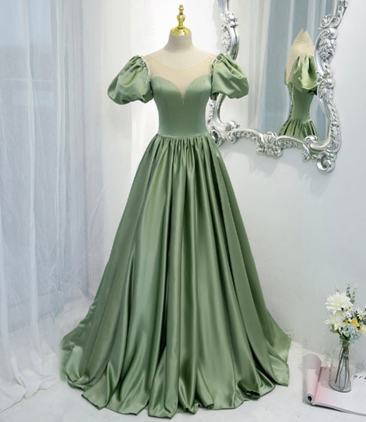 Green satin long A line prom dress green evening dress  8810