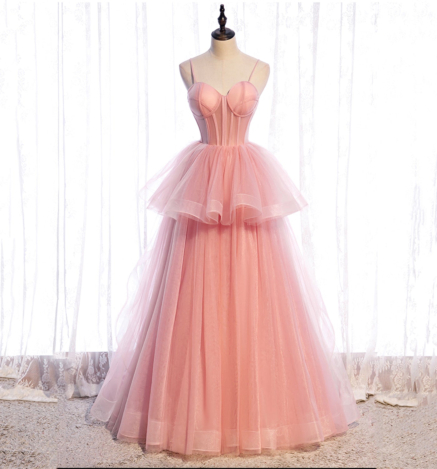 Pink tulle long prom dress A line evening gown  10012