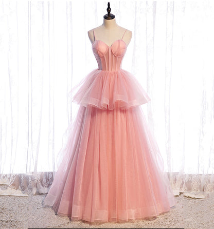 Pink tulle long prom dress A line evening gown  10012