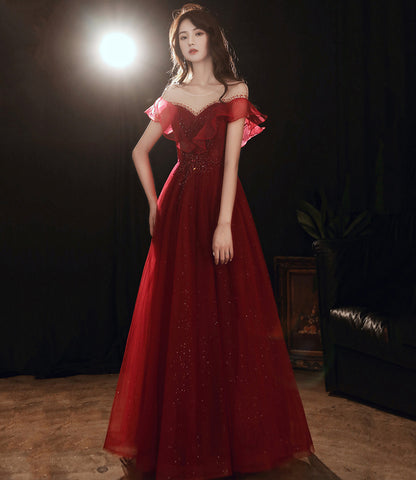 Burgundy tulle beads long prom dress A line evening gown  10481