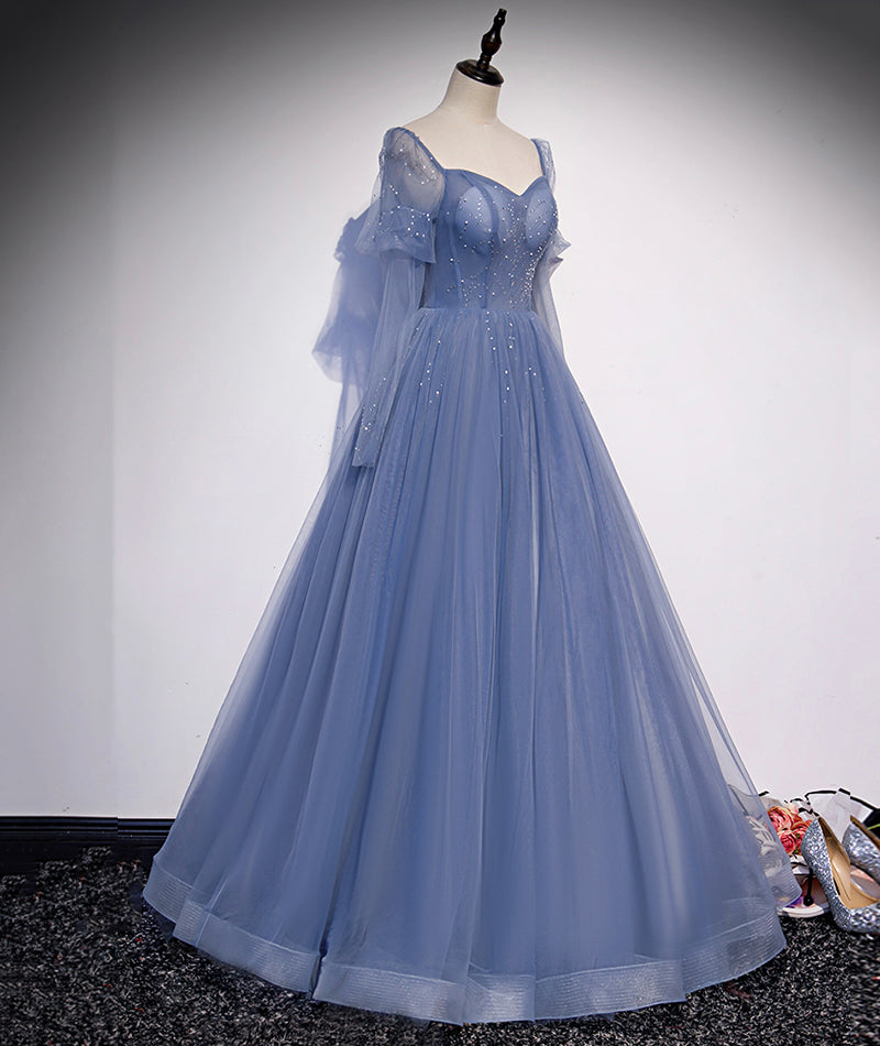 Blue tulle long prom dress simple evening dress  8430