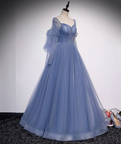 Blue tulle long prom dress simple evening dress  8430