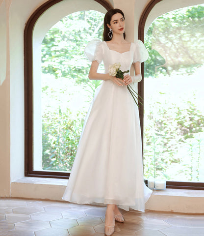 White tulle tea length prom dress white evening dress  10143