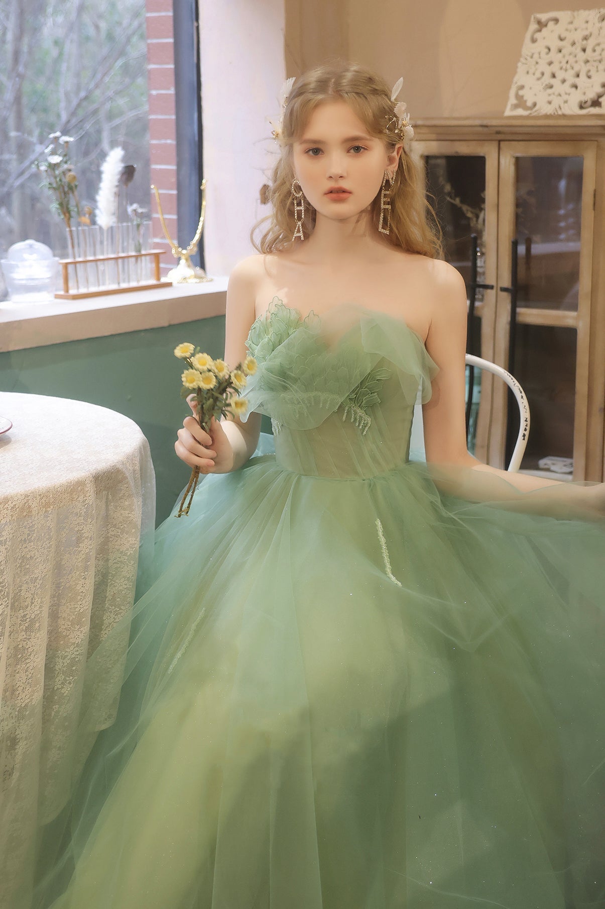 Green tulle short prom dress green evening dress  8633
