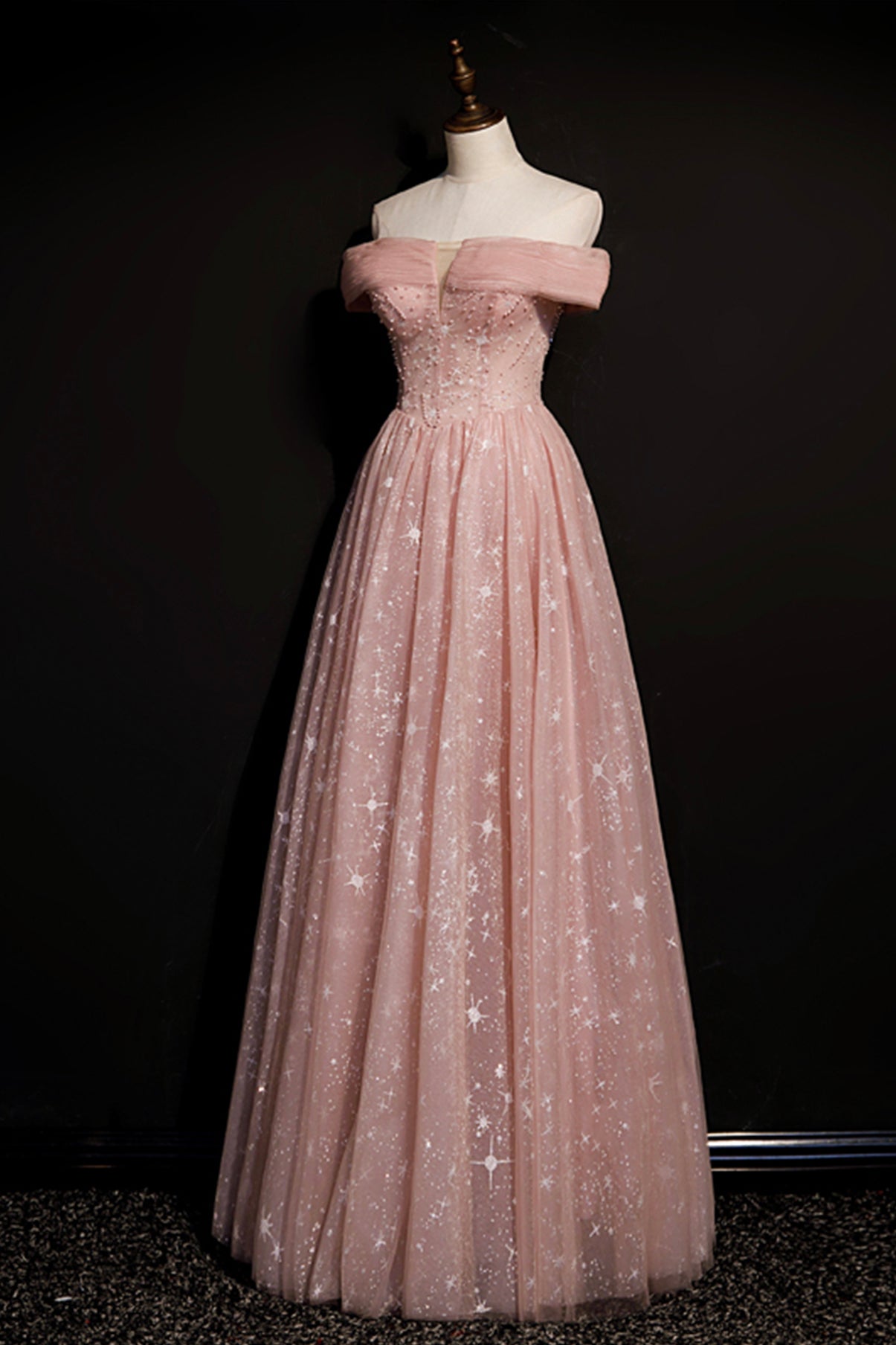 Pink tulle long A line prom dress pink evening dress  8695