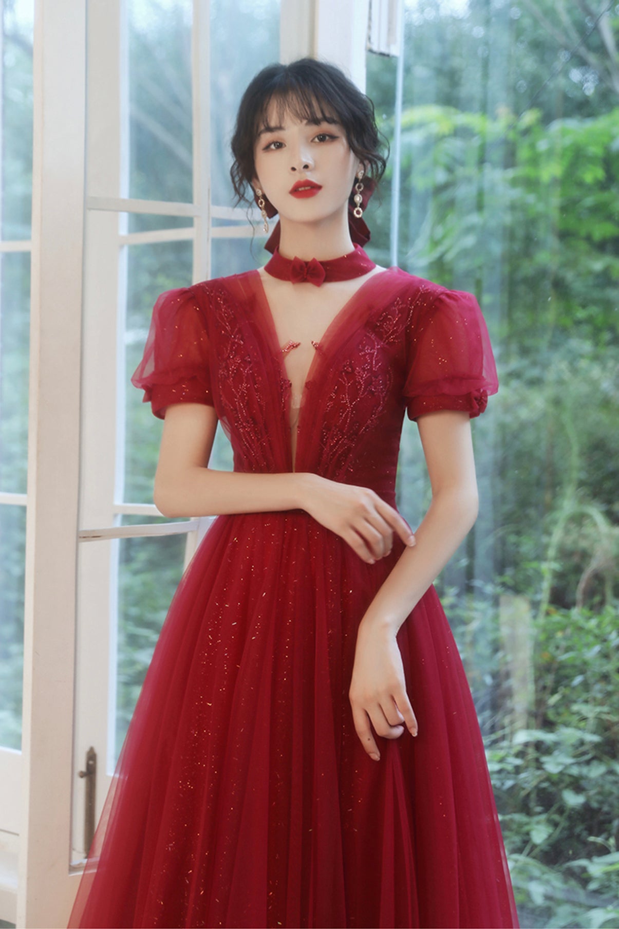 Burgundy tulle long A line prom dress evening dress  8757