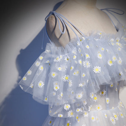 Blue tulle long A line prom dress blue evening ddress  8689