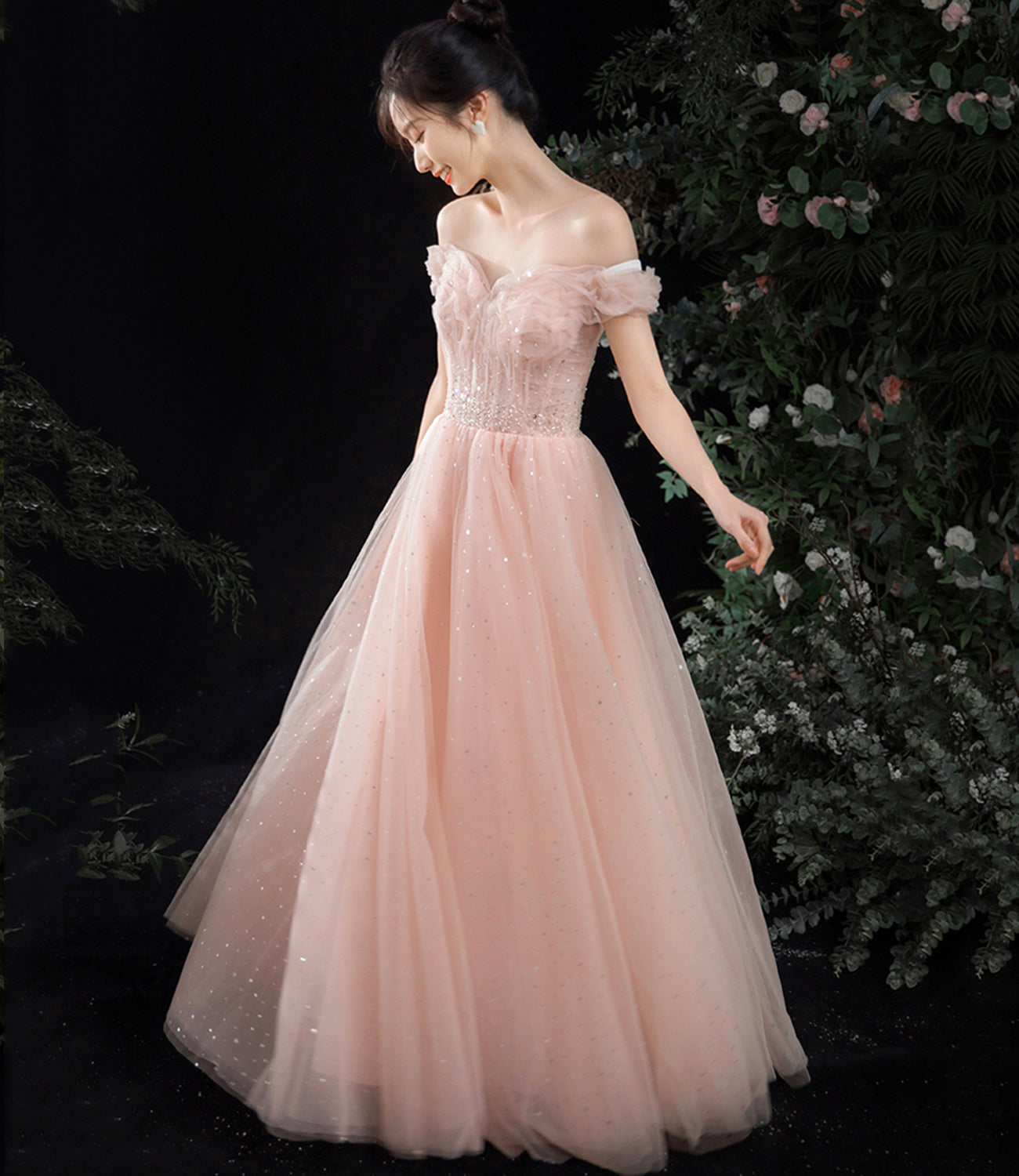 Pink tulle long A line prom dress pink evening dress  8844