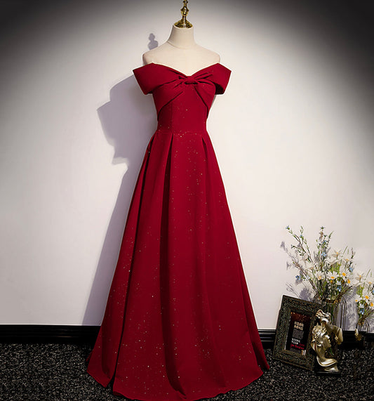 Burgundy satin long prom dress A line evening gown  10138