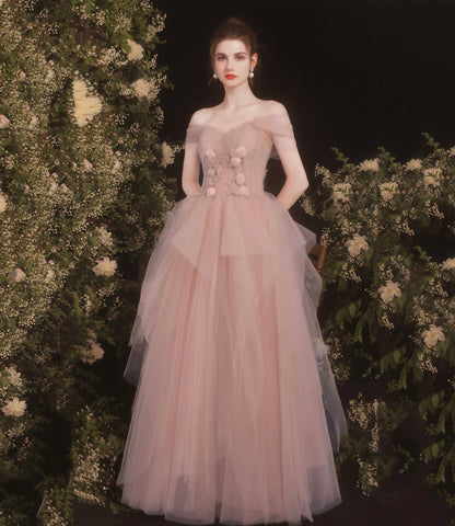 Pink tulle long A line prom dress pink evening dress  8732
