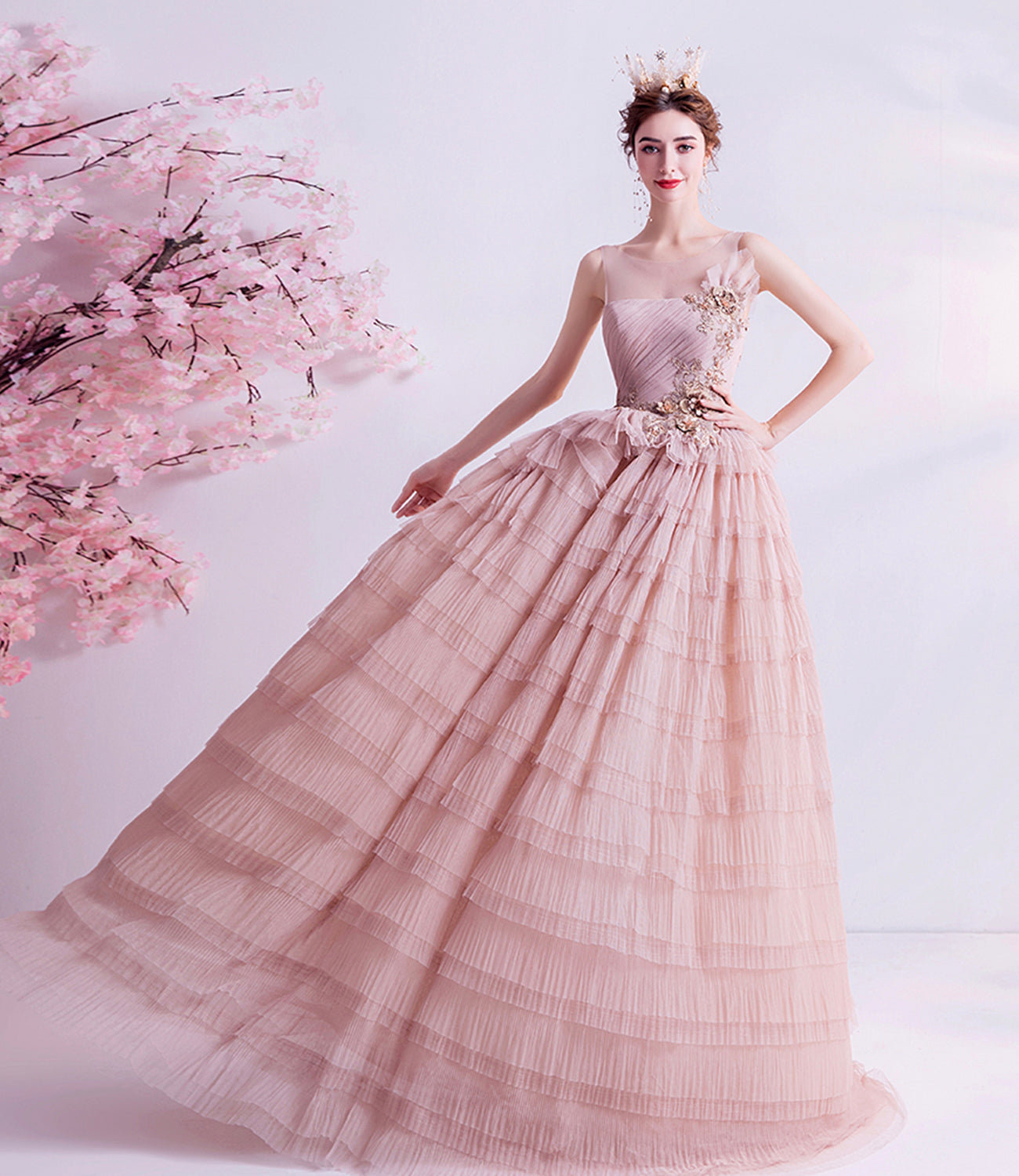 Pink tulle lace long prom dress A line evening gown  10059