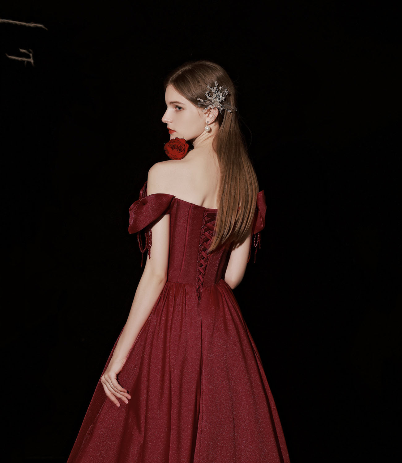 Burgundy satin long prom dress A line evening dress  10316