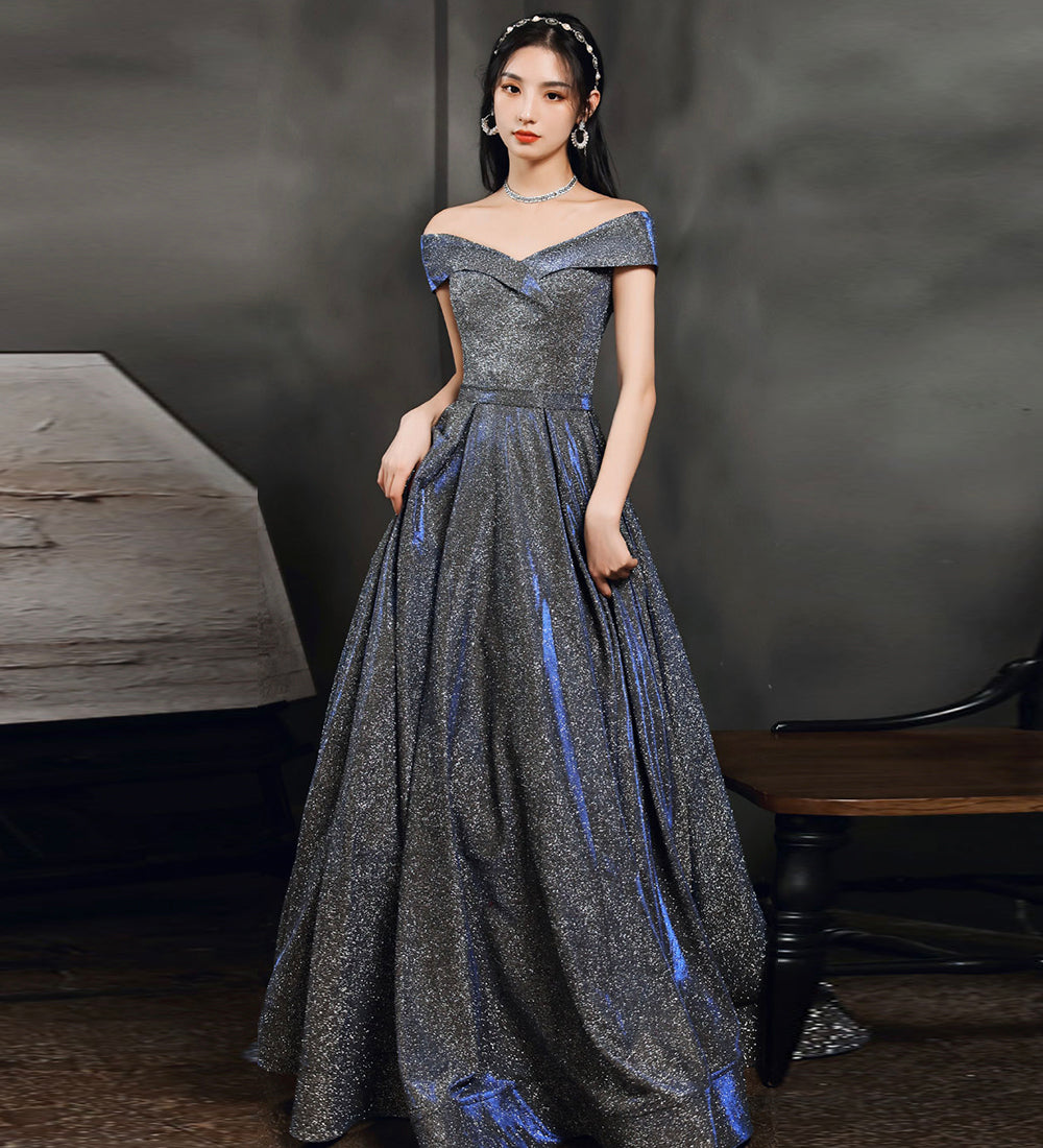 Simple A line v neck long prom dress off shoulder evening dress  8503