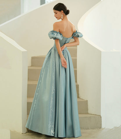 Blue satin long A line prom dress blue evening dress  10215