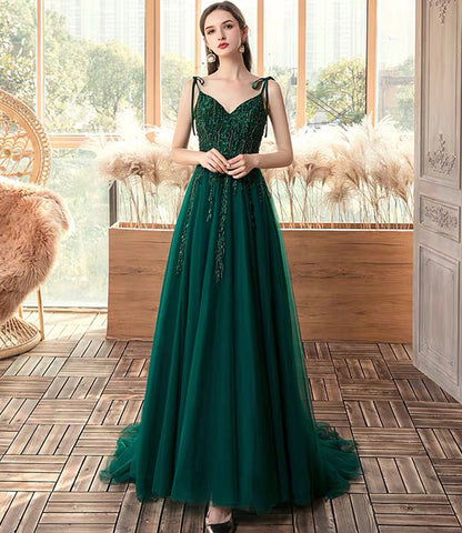 Green tulle lace long prom dress A line evening dress  10366