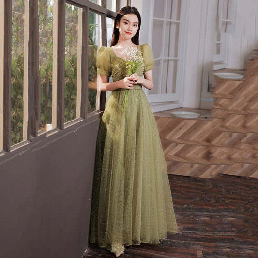 Green tulle beads long prom dress A line evening dress  8993