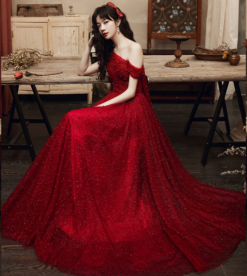 Burgundy tulle beads long prom dress one shoulder evening dress  8552