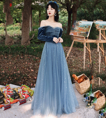 Blue velvet tulle long prom dress blue evening dress  8533