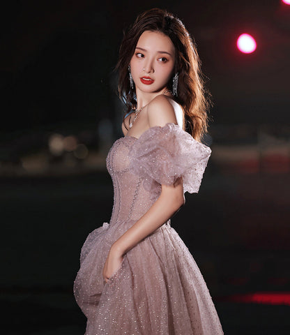 Pink tulle long prom dress pink evening dress  10218